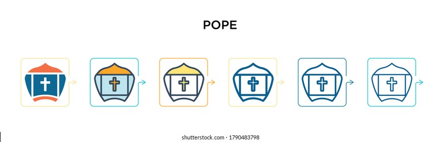 Pope vector icon in 6 different modern styles. Black, two colored pope icons designed in filled, outline, line and stroke style. Vector illustration can be used for web, mobile, ui