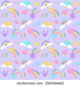 Popit background with a fashionable silicon fidget toys. Addictive anti-stress toy in pastel colors. Bubble popit background with rainbow, star. Vector illustration on purple background.