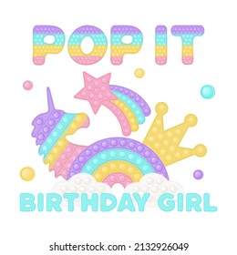 Popit birthday girl sublimation in fidget toy style. Pop it t-shirt design as a trendy silicone toy for fidget in blue color. Bubble pop it birthday lettering. Isolated cartoon vector illustration.