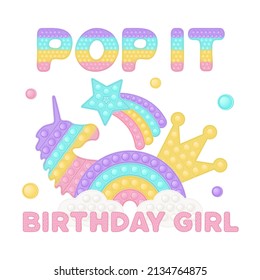 Popit birthday girl sublimation in fidget toy style. Pop it t-shirt design as a trendy silicone toy for fidget in pink color. Bubble pop it birthday lettering. Isolated cartoon vector illustration.