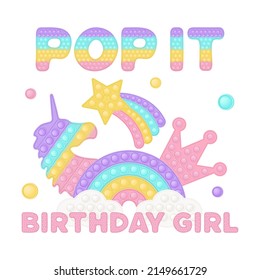 La sublimación de la chica de cumpleaños Popit en estilo de juguete fidget. La burbuja sale con letras de cumpleaños. Pon el diseño de camisetas como un juguete de silicona de moda para el fondo en color rosa. Ilustración vectorial de dibujos animados aislados.