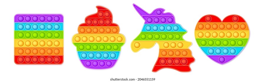 Popit fidget toy.Pop it sensory vector toy. 3d realistic antistress fidgeting toy Rainbow popular popit shaped as unicorn, heart, funny cupcaKe, and square. Bubble pop it fidget vector.