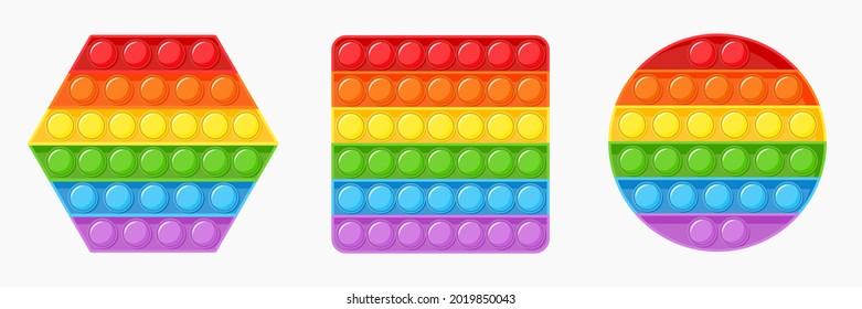 PopIt fidget toy set. Antistress bubble pop it. Simple dimple toy. Vector illustration isolated on white background.