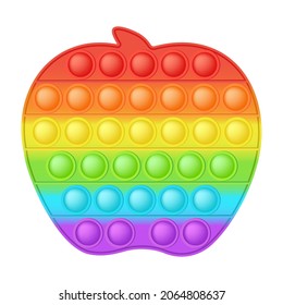 Popit figure apple as a fashionable silicon toy for fidgets. Addictive anti stress toy in bright rainbow colors. Bubble anxiety developing pop it toys for kids. Vector illustration isolated on white.