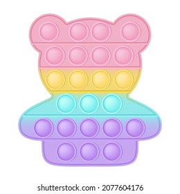 Popit figure bear a fashionable silicon toy for fidgets. Addictive anti stress toy in pastel rainbow colors. Bubble anxiety developing pop it toys for kids. Vector illustration isolated on white.