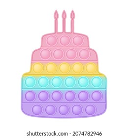 Popit figure big cake as a fashionable silicon toy for fidgets. Addictive anti stress toy in pastel rainbow colors. Bubble anxiety developing pop it toys for kids. Vector illustration isolated on