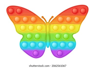 Popit figure butterfly a fashionable silicon toy for fidgets. Addictive anti stress toy in bright rainbow colors. Bubble anxiety developing pop it toys for kids. Vector illustration isolated on white.