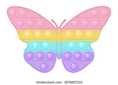 Popit figure butterfly a fashionable silicon toy for fidgets. Addictive anti stress toy in pastel rainbow colors. Bubble anxiety developing pop it toys for kids. Vector illustration isolated on white.