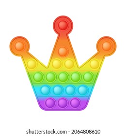 Popit figure crown as a fashionable silicon toy for fidgets. Addictive anti stress toy in bright rainbow colors. Bubble anxiety developing pop it toys for kids. Vector illustration isolated on white.