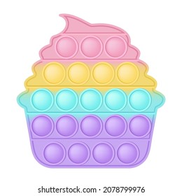 Popit figure cupcake as a fashionable silicon toy for fidgets. Addictive anti stress toy in pastel rainbow colors. Bubble anxiety developing pop it toys for kids. Vector illustration isolated on white