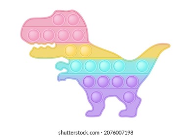 Popit figure dinosaur a fashionable silicon toy for fidgets. Addictive anti stress toy in pastel rainbow colors. Bubble anxiety developing pop it toys for kids. Vector illustration isolated on white.