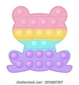 Popit figure frog as a fashionable silicon toy for fidgets. Addictive anti stress toy in pastel rainbow colors. Bubble anxiety developing pop it toys for kids. Vector illustration isolated on white.
