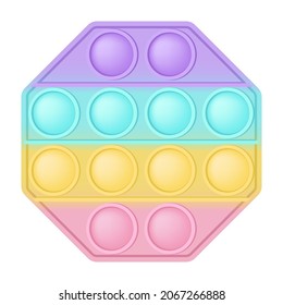 Popit figure octagon as a fashionable silicon toy for fidgets. Addictive anti stress toy in pastel rainbow colors. Bubble anxiety developing pop it toys for kids. Vector illustration isolated on white