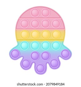 Popit figure octopus as a fashionable silicon toy for fidgets. Addictive anti stress toy in pastel rainbow colors. Bubble anxiety developing pop it toys for kids. Vector illustration isolated on white