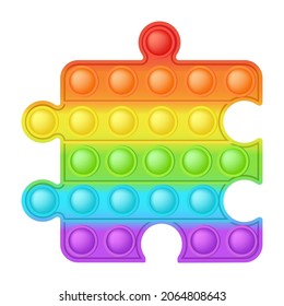 Popit figure puzzle as a fashionable silicon toy for fidgets. Addictive anti stress toy in bright rainbow colors. Bubble anxiety developing pop it toys for kids. Vector illustration isolated on white.