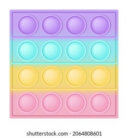 Popit figure square as a fashionable silicon toy for fidgets. Addictive anti stress toy in pastel rainbow colors. Bubble anxiety developing pop it toys for kids. Vector illustration isolated on white.