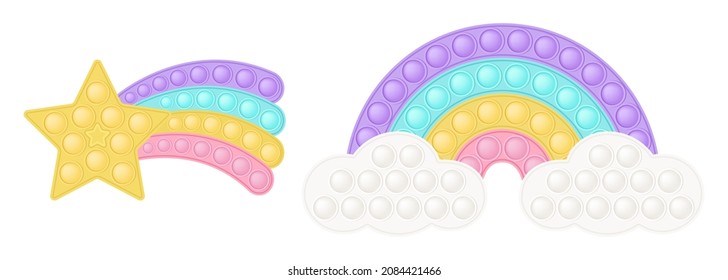 Popit figure star tail and pastel rainbow as a fashionable silicon toy for fidgets. Addictive anti stress toy in pastel colors. Bubble developing pop it toys for kids. Vector illustration isolated on