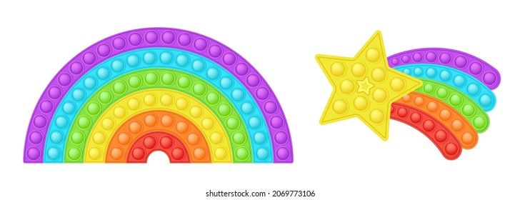 Popit figure star tail and rainbow as a fashionable silicon toy for fidgets. Addictive anti stress toy in bright colors. Bubble developing pop it toys for kids. Vector illustration isolated on white.