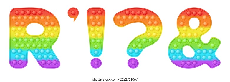 Popit font design addition - letter R and punctuation marks in style of trendy silicon fidget toys. Pop it toy for fidget in bright colors. Bubble letter as pop it. Isolated cartoon vector