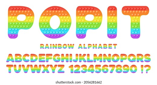 Popit font design - alphabet and numbers set in style of trendy silicon fidget toys. Pop it toy for fidget in bright colors. Bubble sensory letters as popit. Isolated cartoon vector illustration.