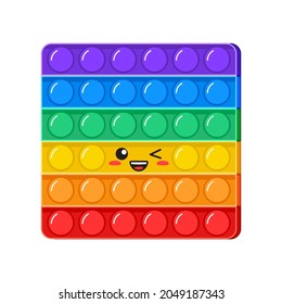 Popit kawaii wink vector toy, rainbow push bubbles, sensory  game, fidget character. Antistress finger gadget emoticon. Colorful pop it square isolated on white background. Trendy kids illustration