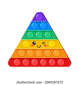 Popit kawaii wink vector toy, rainbow push bubbles, sensory  game, fidget character. Antistress finger gadget emoticon. Colorful pop it triangle isolated on white background. Trendy kids illustration