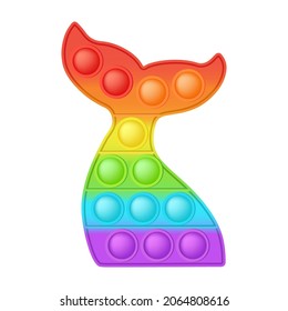 Popit mermaid tail a fashionable silicon toy for fidgets. Addictive anti stress toy in bright rainbow colors. Bubble anxiety developing pop it toys for kids. Vector illustration isolated on white.