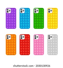 Pop-it phone case set. Trendy anti-stress game for kids and adults. Hand toy with push bubbles in rainbow colors. Back side different colors. Vector illustration isolated on white background.