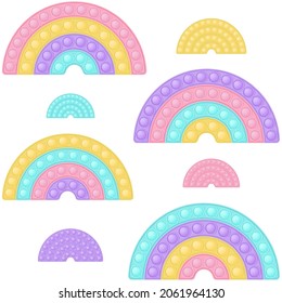 Popit rainbow pattern background as a fashionable silicon fidget toys. Addictive anti-stress toy in pastel colors. Bubble popit background with rainbows. Vector illustration wide format.