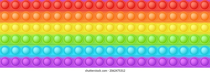 Popit seamless pattern as a fashionable silicon fidget toy. Addictive anti-stress toy in bright rainbow colors. Bubble popit for kids fingers. Vector illustration in rectangle format suitable 