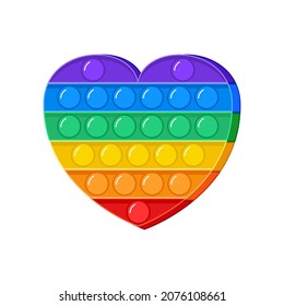 Popit vector toy, rainbow push bubbles, fidget icon, sensory  game heart shape.  Antistress finger gadget. Colorful silicone pop it isolated on white background. Trendy cartoon illustration