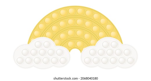 Popit yellow rainbow on the clouds as a fashionable silicon fidget toys. Addictive antistress toy for fidget in pastel colors. Bubble sensory popit for kids fingers. Vector illustration isolated.