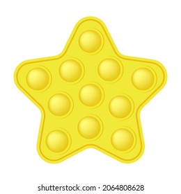 Popit yellow star as a fashionable silicon toy for fidgets. Addictive anti stress toy in bright rainbow colors. Bubble anxiety developing pop it toys for kids. Vector illustration isolated on white.
