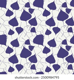 Hoja de álamo. Patrón transparente azul y blanco. Silueta de hojas sobre fondo claro. Gran diseño para la tela, Fondo de pantalla, papel de embalaje, ropa de cama. Vector.