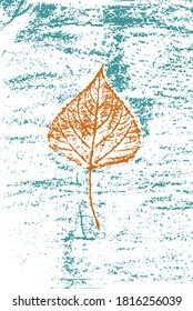 Poplar Leaf on Grunge Background Vintage Print Style Template for Autumn Fall Decoration - Rusty Orange on Turquoise Backdrop - Vector Stamp Graphic Design