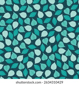 Poplar leaves floral seamless pattern. Vector Foliage surface pattern design of monochromatic aspen leaf. Leafy texture on indigo blue color background. 