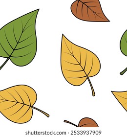 Poplar leaves. Seamless vector pattern. Part of the tree with veins. Isolated colorless background. Endless ornament of multi-colored leaves. Cartoon style. Leaf of a tree from the willow family.
