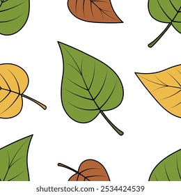 Poplar leaves. Seamless vector pattern. Part of the tree with veins. Isolated colorless background. Endless ornament of multi-colored leaves. Cartoon style. Leaf of a tree from the willow family.