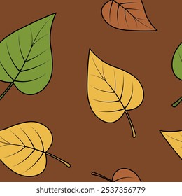 Poplar leaves. Seamless vector pattern. Part of the tree with veins. Isolated brown background. Endless ornament of multicolored leaves. Cartoon style. Leaf of a tree from the willow family. 