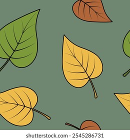 Poplar leaves. Seamless vector pattern. Part of the tree with veins. Isolated green background. Endless ornament of multicolored leaves. Cartoon style. Leaf of a tree from the willow family. 