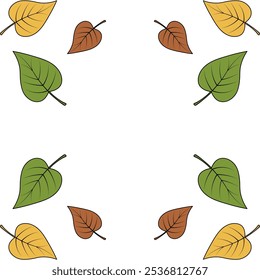 Poplar leaves. Square vector frame of leaves. Part of a tree with veins. Isolated colorless background. Place for text. Ornament of multi-colored leaves. Cartoon style. Idea for web design.