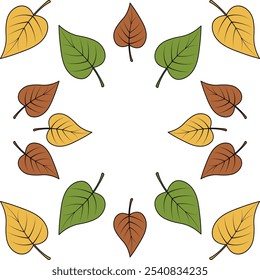 Poplar leaves. Vector frame of leaves. Part of the tree with veins folded in a circle. Isolated colorless background. Place for text. Ornament of multi-colored leaves. Cartoon style. 