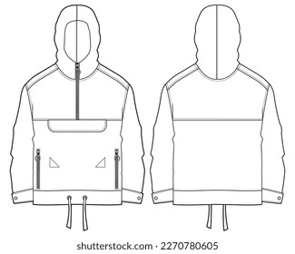 Popover Anorak Hoodie jacket design flat sketch Illustration, Protection Hooded jacket with front and back view, winter hoody jacket for Men and women. for hiker, outerwear in winter