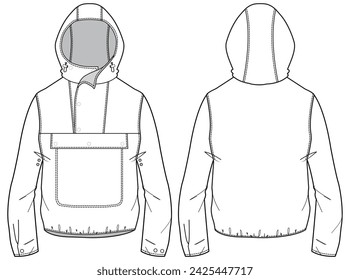 Popover Anorak Hoodie jacket design flat sketch Illustration, Protection Hooded jacket with front and back view, winter hoody jacket for Men and women. for hiker, outerwear in winter