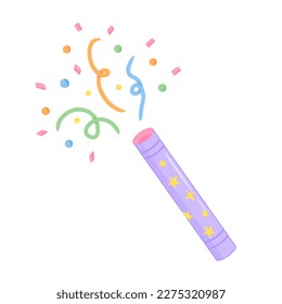 Popper confetti. Party cracker with colorful confetti. Vector Illustration for backgrounds, covers and packaging. Image can be used for greeting card, poster and sticker. Isolated on white background.