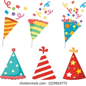 popper party and party hat isolated vector illustration