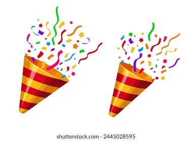 Popper striped cone with confetti, holiday party firecracker. Isolated vector birthday shooters eject a burst of colorful paper or foil, spreading cheer and creating a festive, celebratory atmosphere