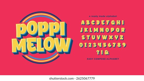 Poppi Melow: Elegante e bonito alfabeto composto. Fonte fácil de usar em um tema amarelo-magenta. Vetor exibe letras perfeitas para cartaz, férias, comida e bebida, lanches e crianças atraentes.
