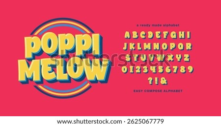 Poppi Melow: Stylish and cute composite alphabet. Easy-to-use font in a magenta-yellow theme. Vector display letters perfect for poster, holidays, food and drink, snacks, and appealing children.