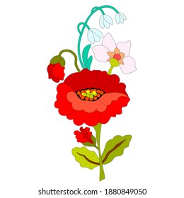 Poppie red and wildflowers, white lilies of the valley, pink primrose, green leaves, stylized, hand-drawn, set on a white background for embroidery folk costume, postcard printing, wedding invitations